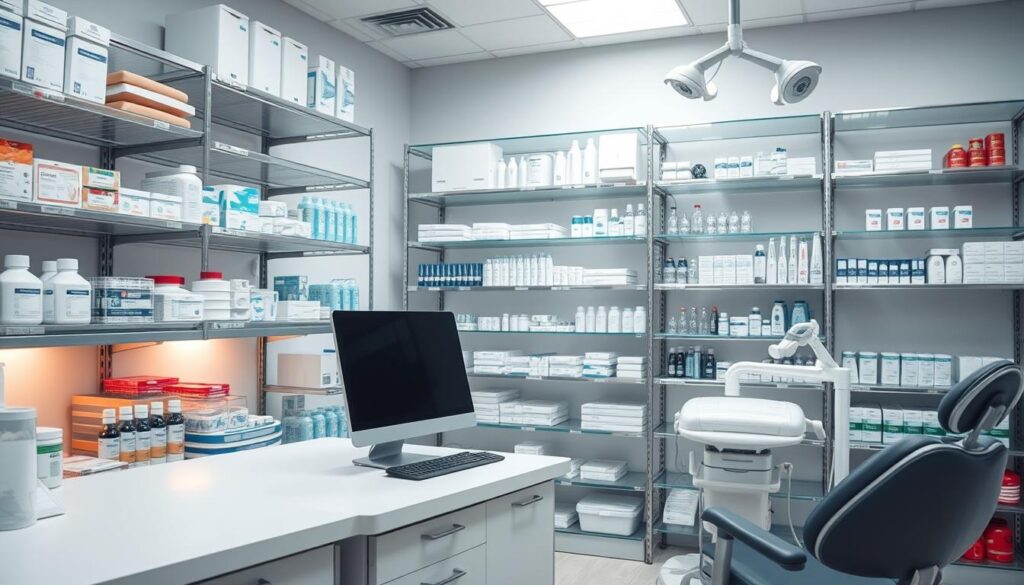 A clean, well-organized dental clinic storeroom with shelves stocked neatly with various dental supplies and equipment. The room is well-lit, with soft, warm lighting reflecting off the gleaming metal and glass surfaces. The shelves are labeled clearly, and the inventory is meticulously organized, indicating a tight control over the clinic's supplies. In the foreground, a pharmacist-style counter or workstation, with a computer monitor and keyboard, suggesting the process of tracking and managing the inventory. The overall atmosphere conveys a sense of efficiency, order, and attention to detail, reflecting the importance of effective inventory management in a successful dental practice.
