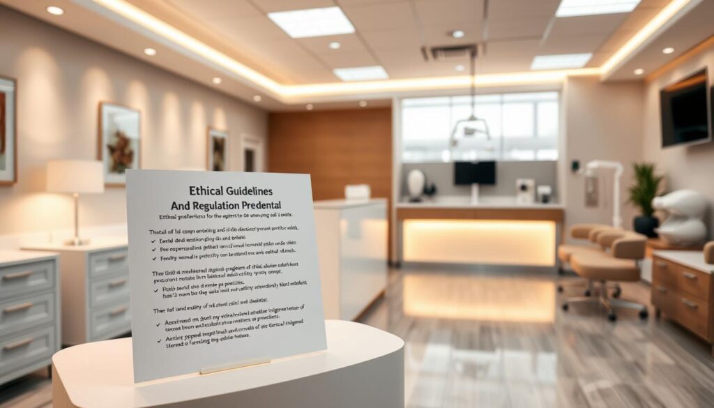 A clean, well-organized dental office interior with warm, inviting lighting and a professional atmosphere. In the foreground, a display of ethical guidelines and regulations for dental practices, presented on a sleek, minimalist podium. The middle ground features a modern reception desk and seating area, conveying a sense of order and professionalism. The background showcases clinical equipment and furnishings that adhere to the highest standards of medical hygiene and patient care. The overall tone is one of trust, expertise, and unwavering commitment to ethical practices within the dental field.