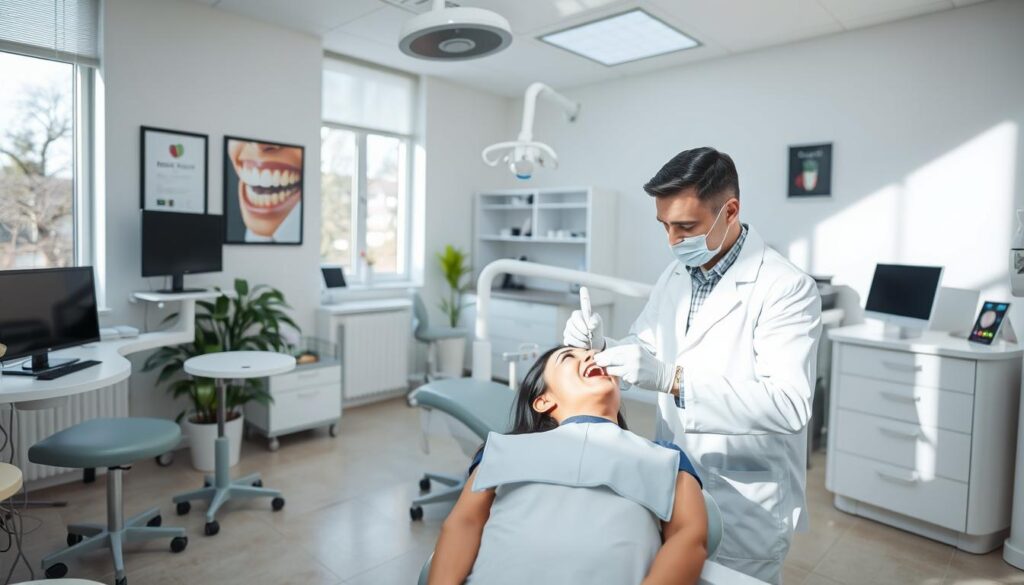 A clean, well-organized dental office with modern equipment and furnishings. A dentist in a white coat examines a patient's teeth, using dental tools with a focused, professional expression. The room is bright and airy, with natural light streaming in through large windows. The walls display dental health posters and certificates, conveying an atmosphere of expertise and attention to detail. The floor is tiled in a calming, neutral color palette. The overall scene emphasizes the importance of efficient, effective dental management and patient care.