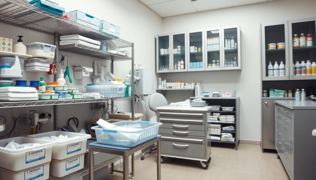 A clean, well-organized dental supply storage room with various medical equipment, tools, and materials neatly arranged on sturdy metal shelves. Soft, even lighting illuminates the scene, creating a sense of order and professionalism. In the foreground, a set of labeled bins containing different dental supplies, while in the middle ground, a large rolling cabinet with drawers holds additional inventory. The background features a wall-mounted cabinet with glass doors, showcasing the organized arrangement of medicines, solutions, and other specialized items. The overall atmosphere conveys a meticulously maintained, efficient dental inventory management system.