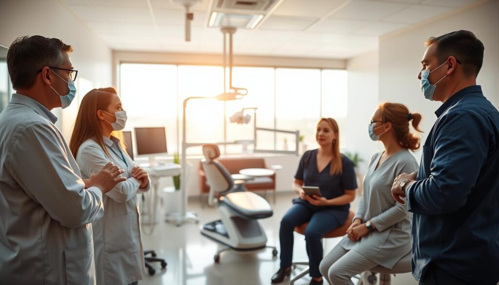 A clinical dental office, bathed in warm, natural lighting. In the foreground, a team of dental professionals - a dentist, dental hygienist, and dental assistant - engaged in a collaborative discussion, exchanging ideas and strategies for improving team dynamics and patient care. The middle ground showcases a modern, well-equipped dental operatory, with state-of-the-art equipment and tools. In the background, a tranquil waiting area, with comfortable seating and soothing color palettes, creates a welcoming atmosphere for patients. The overall scene conveys a sense of professionalism, efficiency, and a patient-centric approach to dental practice management.