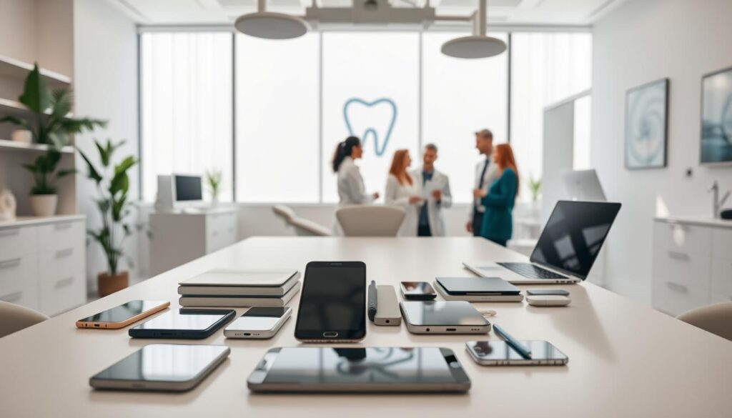 A clinical dental office interior, bathed in soft, natural lighting filtering through large windows. In the foreground, an array of digital devices - smartphones, tablets, laptops - arranged neatly on a modern, minimalist desk, symbolizing the integration of social media into dental practice. In the middle ground, a group of dental professionals engaged in animated discussion, strategizing social media content and campaigns. In the background, the clinic's logo and branding elements are subtly incorporated, creating a cohesive, professional atmosphere. The scene conveys a sense of innovation, collaboration, and a forward-thinking approach to digital marketing in the dental industry.