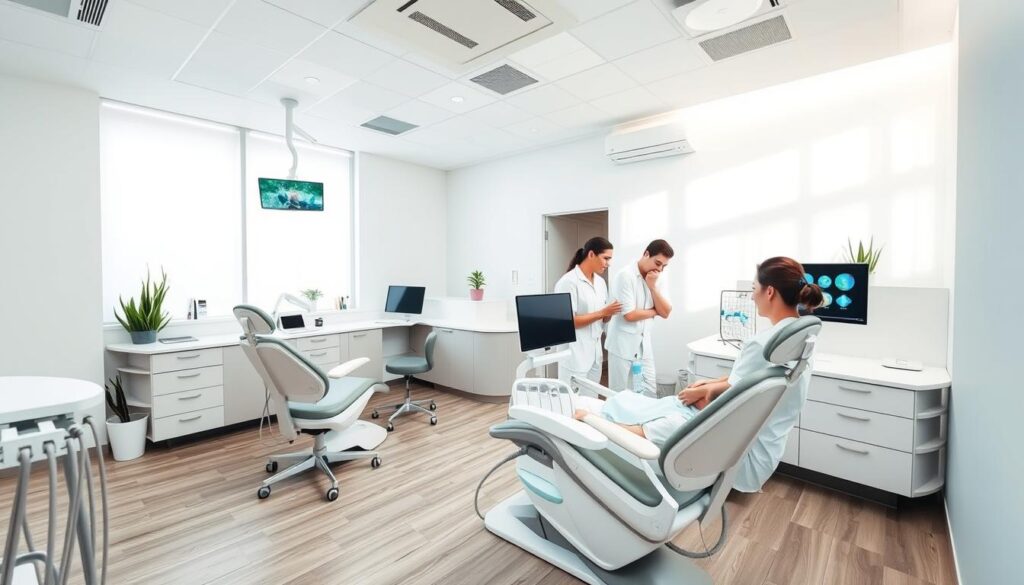 A clinical dental office interior with modern, minimalist design. The foreground features a sleek, ergonomic dental chair and equipment, with a team of dental professionals in crisp, white uniforms attending to a patient. The middle ground showcases a reception desk with a friendly, approachable receptionist and touchscreen interface. The background depicts a serene, calming atmosphere with natural lighting, soothing wall colors, and subtle plant accents, conveying a sense of professionalism, efficiency, and patient-centric care. The scene is captured with a wide-angle lens, offering a comprehensive view of the well-organized, technologically-advanced dental practice dedicated to effective oral healthcare management.