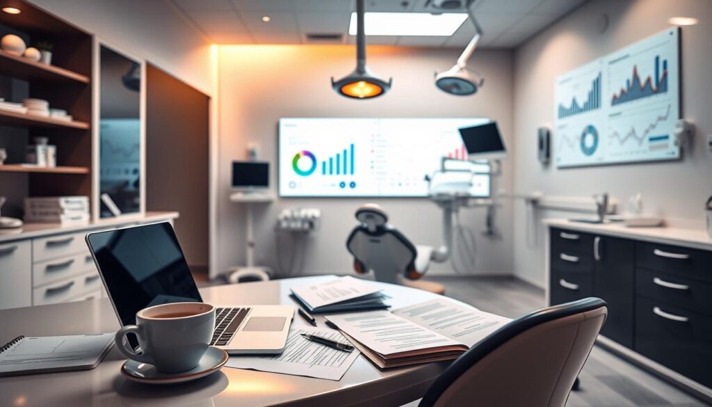 A clinical dental office with a bright, modern interior. In the foreground, a dentist's desk with a laptop, paperwork, and a cup of coffee, conveying a sense of data analysis and record-keeping. In the middle ground, dental equipment and tools meticulously arranged, reflecting the attention to detail required in dental practices. The background showcases a wall-mounted display with charts, graphs, and visualizations, highlighting the importance of data interpretation and decision-making in effective dental management. Warm, directional lighting casts a professional, analytical atmosphere, while the clean, minimalist design elements suggest a streamlined, efficient approach to dental data analysis.