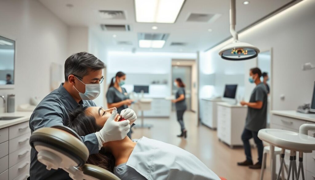A clinical dental office with a clean, professional atmosphere. In the foreground, a dentist examines a patient's teeth using modern dental equipment, their focused expressions conveying a sense of care and attention to detail. In the middle ground, assistants move efficiently through the space, maintaining the orderly flow of the clinic. The background reveals a well-organized layout with sleek, minimalist decor, suggesting a commitment to compliance and best practices. Bright, indirect lighting casts a warm, reassuring glow, creating an atmosphere of trust and competence. The overall scene reflects a clinic that prioritizes legal conformity, patient safety, and adherence to industry standards.