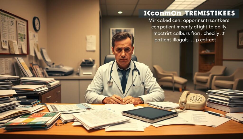 A clinical dental office with a cluttered desk, scattered papers, and a frowning dentist. The foreground features common marketing mistakes such as outdated brochures, a broken tablet, and a poorly designed logo. The middle ground shows a stressed dentist surrounded by patient appointment books and unanswered phone calls. In the background, an empty waiting room suggests a lack of patient engagement. Soft, warm lighting creates a sense of unease, emphasizing the disorganized and ineffective nature of the dental practice's marketing efforts.