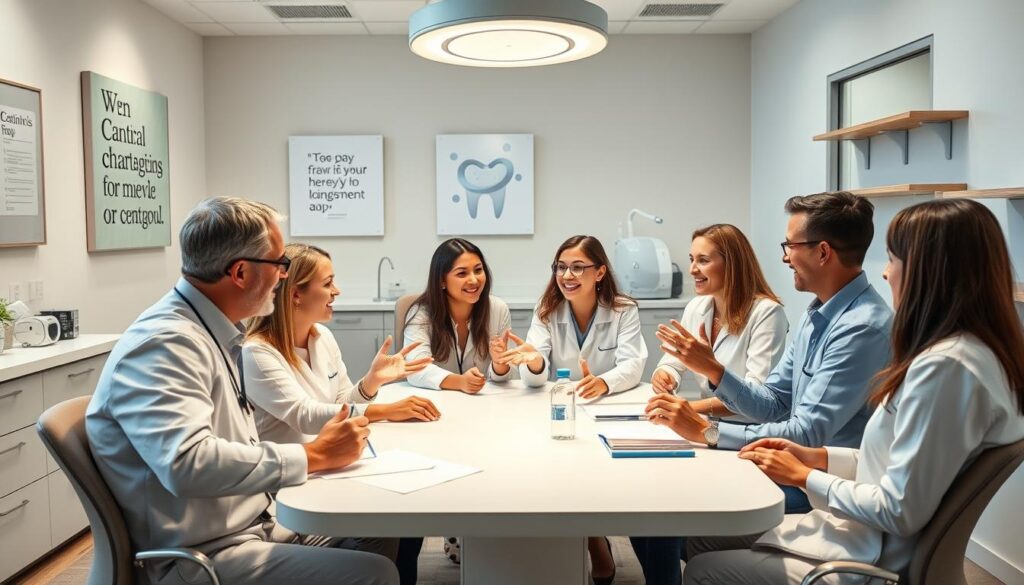 A clinical dental team engaged in dynamic discussions, collaborating around a table in a well-lit, modern office. Members gesture animatedly, sharing ideas and strategies to optimize patient experiences and practice management. Warm tones, clean lines, and a sense of professionalism and camaraderie permeate the scene. The composition captures the synergy of the group, their united focus on elevating dental care delivery. Subtle elements like inspirational wall art and state-of-the-art equipment subtly suggest a clinic dedicated to staff empowerment and continual improvement.