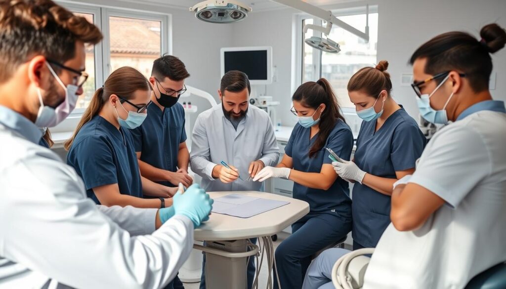 A clinical dental team undergoing an intensive training session, with the clinicians and support staff intently focused on learning new techniques and protocols. The setting is a bright, modern dental clinic, with natural lighting filtering in through large windows. The team members are gathered around a central table, engaging in a hands-on workshop, their expressions a mix of concentration and enthusiasm. In the background, state-of-the-art equipment and carefully organized supplies suggest an atmosphere of professionalism and attention to detail. The overall mood is one of dedication, teamwork, and a commitment to continuous improvement, capturing the essence of "Capacite Sua Equipe Constantemente".
