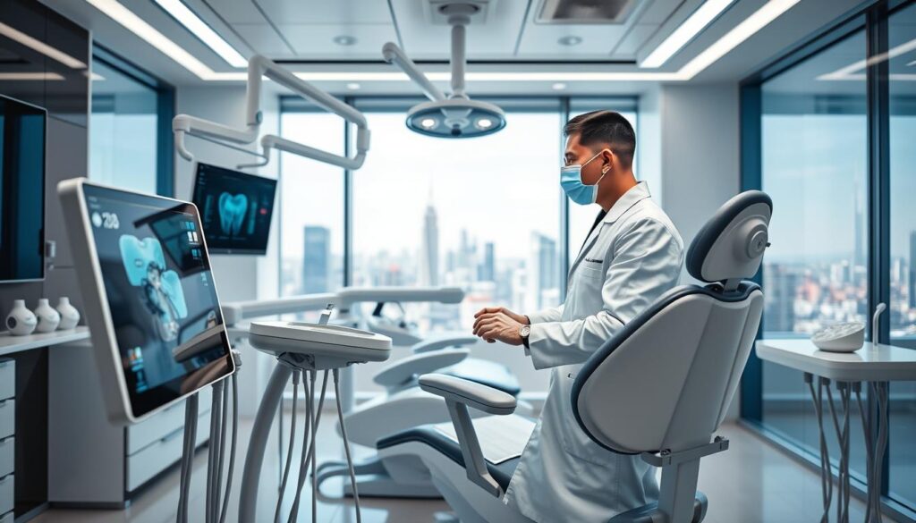 A clinical, high-tech dental office with a sleek, modern interior design. The foreground features an advanced dental chair with integrated digital display and robotic tools, showcasing cutting-edge dental technologies. In the middle ground, a dentist in a pristine white coat operates the equipment, their hands steady and precise. The background reveals a panoramic view of the city skyline through expansive windows, hinting at the clinic's high-end location. The lighting is bright and clean, casting a professional, innovative atmosphere. The entire scene conveys a sense of confidence in the clinic's ability to provide state-of-the-art dental care.