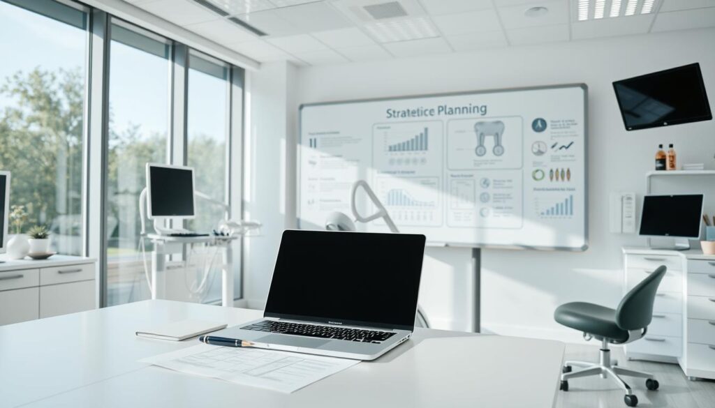 A clinical office interior with a focus on strategic dental planning. In the foreground, a dentist's desk with a laptop, papers, and a pen. Behind it, a large whiteboard displaying a detailed dental practice strategy, including charts, diagrams, and notes. The middle ground features modern dental equipment and supplies, suggesting a well-equipped, technology-driven practice. The background showcases floor-to-ceiling windows, allowing natural light to flood the space and create a sense of openness and professionalism. The overall atmosphere conveys a sense of thoughtful, data-driven decision-making and a commitment to the long-term success of the dental practice.