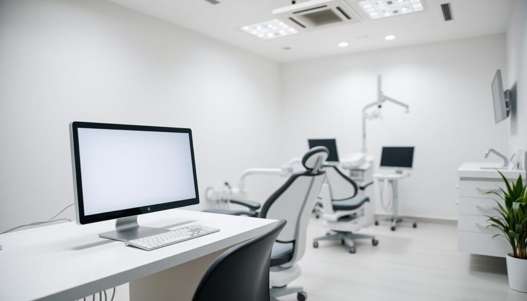 A clinical office interior with a modern, streamlined aesthetic. In the foreground, a sleek computer workstation with a minimalist design, representing the automation of administrative tasks. The middle ground features a patient's chair with ergonomic lines, hinting at efficient clinical workflows. The background showcases clean, white walls and modern medical equipment, conveying a sense of professionalism and technological sophistication. Soft, even lighting illuminates the scene, creating a calming and efficient atmosphere. The overall composition suggests a well-organized, technologically-advanced dental practice that prioritizes streamlined processes and patient comfort.