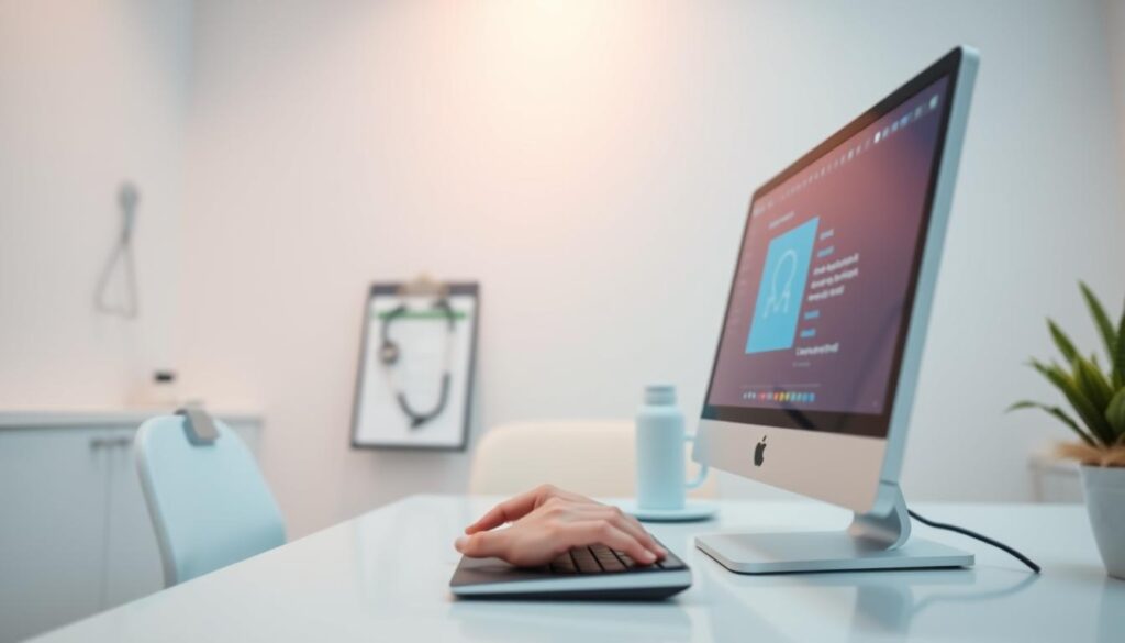 A clinical office with a calm, professional atmosphere. The foreground depicts a desktop computer and a hand typing on a keyboard, representing an email marketing campaign. The middle ground showcases medical equipment such as a stethoscope and a clipboard, symbolizing the healthcare focus. The background features a soothing pastel gradient, evoking a sense of serenity and wellness. The lighting is soft and indirect, creating a warm, inviting ambiance. The overall composition conveys the idea of effective, patient-centric email marketing for a healthcare clinic.