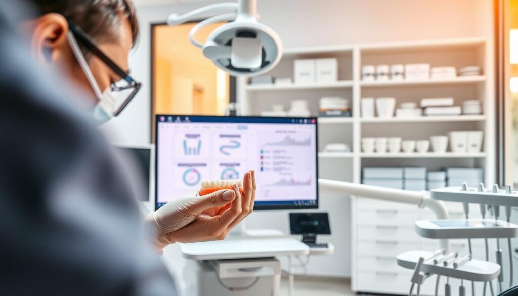 A clinical workspace with modern dental equipment and tools arranged with precision. In the foreground, a dentist's hand is carefully examining a model of teeth, their focused gaze conveying expertise. The middle ground features a computer monitor displaying workflow diagrams and optimization metrics, highlighting the data-driven approach to streamlining dental processes. In the background, clean and organized shelves hold neatly arranged supplies, reflecting the efficient organization of the clinic. Warm, natural lighting filters through large windows, creating a calming, professional atmosphere conducive to patient care and staff productivity.