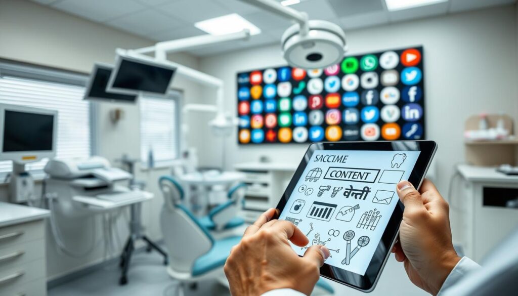 A clinical yet vibrant dental office, filled with modern equipment and bright lighting. In the foreground, a dentist's hands meticulously illustrating social media content strategies on a digital tablet. In the middle ground, an array of dental tools and supplies neatly organized, conveying a sense of professionalism. The background showcases a wall-mounted display of various social media platform logos, hinting at the digital marketing focus. The overall scene emanates a harmonious blend of medical expertise and technological savvy, capturing the essence of effective social media content strategies for the dental industry.