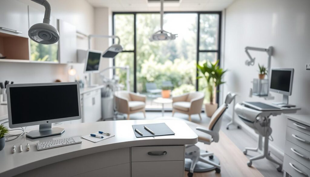 A clinical yet warm interior of a modern dental office, bathed in soft, natural lighting. In the foreground, a dentist's desk displays an array of dental tools and technology, conveying professionalism and expertise. The middle ground features a comfortable waiting area with plush chairs and a soothing color palette, creating a welcoming atmosphere for patients. In the background, a large window offers a serene view of a lush garden, evoking a sense of tranquility and well-being. The overall composition reflects the careful attention to detail and patient-centric approach crucial for effective content strategies in the dental industry.