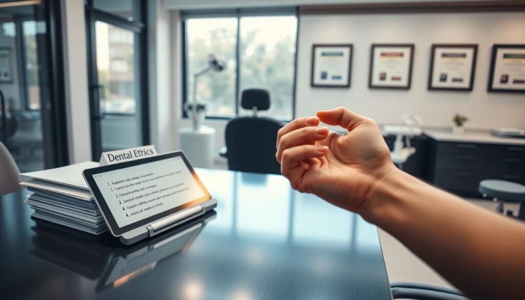 A clinical yet warm-toned office space with large windows bathing the room in soft natural light. On a sleek modern desk, a nameplate reads "Dental Ethics" alongside a stack of medical files and a tablet displaying a code of conduct. In the foreground, a dentist's hand gently clasps a patient's hand, conveying care and professionalism. The background features tasteful dental equipment and framed diplomas, suggesting an environment of expertise and integrity. An atmosphere of trust, responsibility, and patient-centered values permeates the scene.