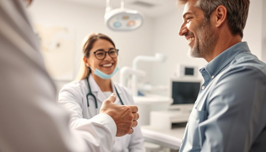 A close-up shot of a dentist shaking hands with a smiling patient, creating a sense of trust and loyalty. The dentist's office is brightly lit, with clean, modern decor and state-of-the-art dental equipment visible in the background. The focus is on the two figures, with a warm and approachable atmosphere conveyed through their body language and facial expressions. Soft, natural lighting illuminates the scene, emphasizing the personal connection between the dentist and patient. The composition highlights the importance of patient retention and the value of building long-term relationships in an efficient dental practice.
