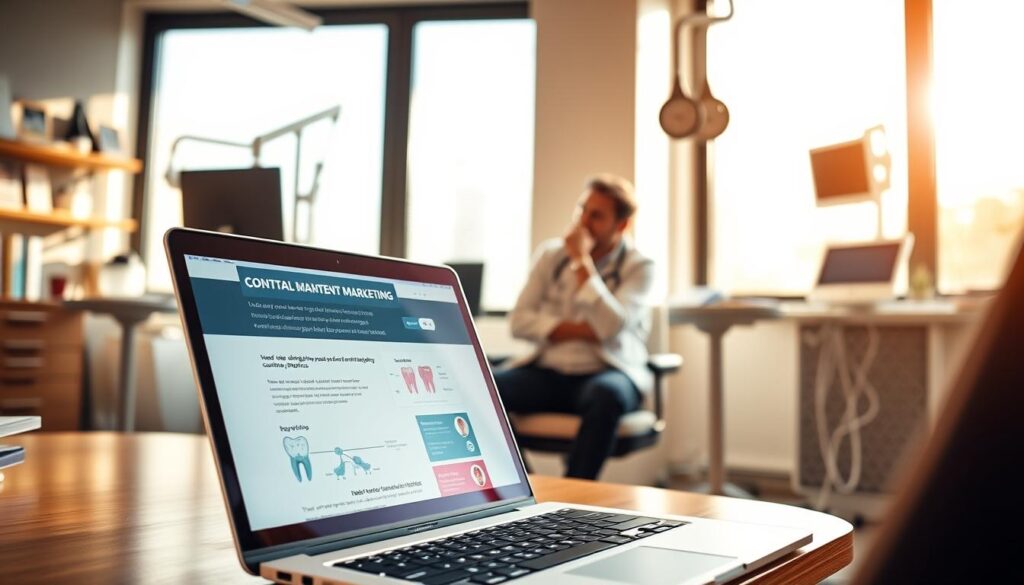A close-up view of a dentist's office, with warm natural lighting filtering through large windows. In the foreground, a laptop displays a visually-engaging dental content marketing website, its design featuring clean typography, informative infographics, and vibrant dental illustrations. In the middle ground, a dentist sits thoughtfully, contemplating their digital marketing strategy. The background reveals a well-organized workspace, replete with dental equipment, educational materials, and client files, conveying the dentist's expertise and commitment to patient care. The overall scene radiates professionalism, expertise, and a focus on using content to connect with and educate potential patients.