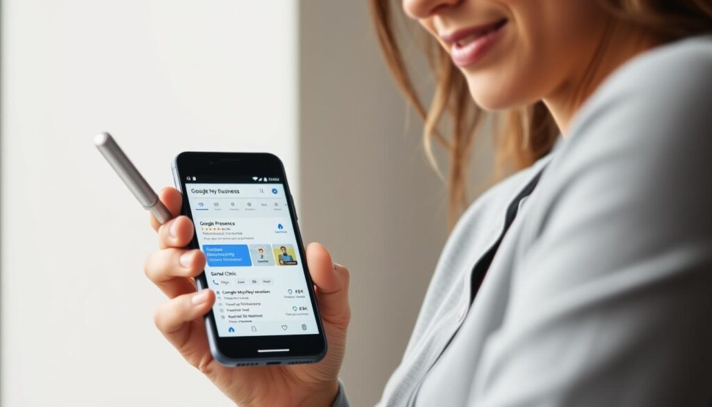 A close-up view of a small business owner's hand using a mobile phone to access and optimize their Google My Business profile. The phone's screen displays the Google My Business dashboard, with information about the business's online presence and local SEO. The background is blurred, with a clean, professional tone, emphasizing the importance of digital marketing and online visibility for a local dental clinic. The lighting is soft and flattering, highlighting the subject's focused expression as they navigate the platform. The overall mood is one of empowerment and digital savvy, conveying the value of leveraging Google My Business to enhance a dental clinic's online footprint and reach potential patients in the local community.