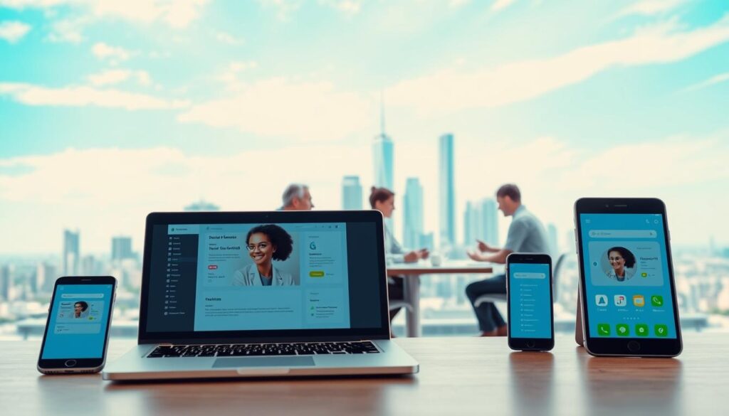 A cloud-based storage solution for dental clinics, featuring a clean, modern interface with secure data access from any device. The foreground showcases a laptop displaying a dental patient's medical records, complemented by a tablet and smartphone on either side, symbolizing seamless cross-device integration. The middle ground depicts a group of dental professionals collaborating around a conference table, underscoring the centralized and accessible nature of the cloud-based system. In the background, a serene cityscape with skyscrapers and a vibrant blue sky sets an air of professionalism and innovation. Soft, diffused lighting creates a warm, inviting atmosphere, while the composition and camera angle convey a sense of efficiency and organization.