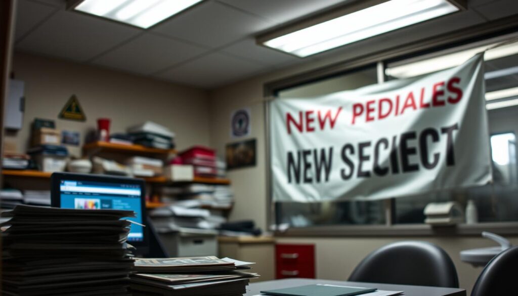A cluttered dental office, dimly lit with harsh overhead fluorescent lights. In the foreground, a stack of outdated brochures and a disorganized desk with a computer monitor displaying an outdated website. In the middle ground, a poorly designed logo hangs crookedly on the wall, and a tacky banner advertising "New Patient Special" is haphazardly taped to the window. The background is blurred, but suggests a lack of cohesive branding and visual identity throughout the space. The overall atmosphere conveys a sense of unprofessionalism and missed opportunities in dental marketing.