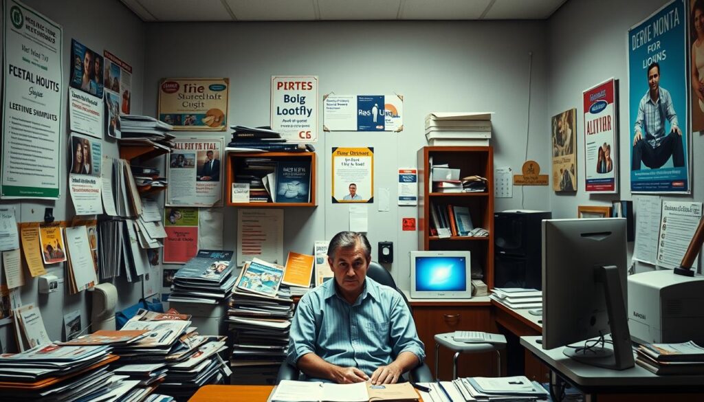 A cluttered dental office, its walls adorned with outdated marketing materials and misspelled posters. In the foreground, a confused patient sits in the waiting area, surrounded by disorganized brochures and a dated computer screen. The lighting is harsh, casting unflattering shadows and highlighting the disrepair. The overall atmosphere conveys a lack of professionalism and attention to detail, reflecting the common pitfalls of poor dental marketing and practice management.