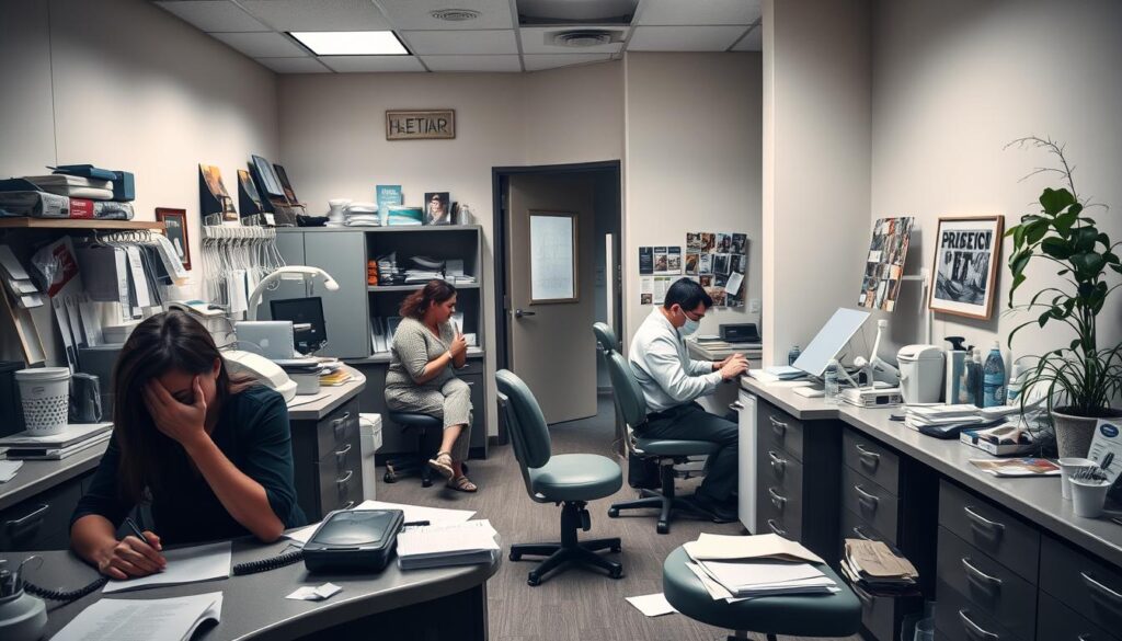 A cluttered dental office, with outdated equipment and disorganized supplies. The lighting is harsh, casting unflattering shadows on the sloppy countertops. Patients wait impatiently, surrounded by a lackluster ambiance that fails to inspire confidence. In the foreground, a distracted receptionist struggles to manage a ringing phone and scattered paperwork. The middle ground reveals a dentist working hastily, their frustration palpable. In the background, a haphazard display of outdated brochures and a neglected plant add to the overall sense of disarray. This scene encapsulates the common pitfalls of poor practice management and marketing in the dental industry.