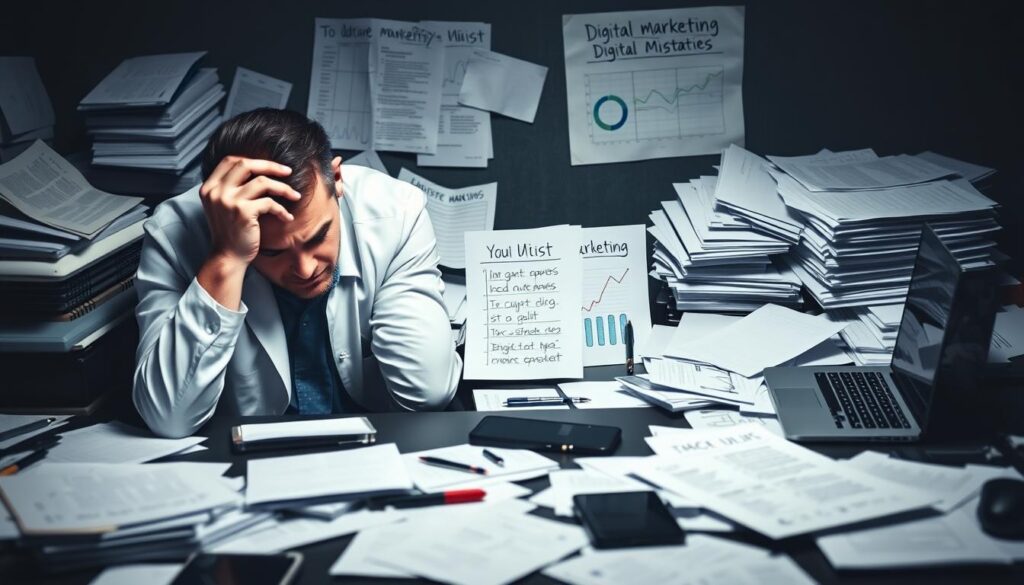 A cluttered desk with scattered papers, a laptop, and a phone symbolizing the common digital marketing mistakes for medical clinics. The foreground shows a confused clinician scratching their head, surrounded by disorganized digital tools and analytics. The middle ground features a to-do list with crossed-out tasks, hinting at the overwhelming nature of digital strategies. The background is dimly lit, creating a sense of unease and the need for a more focused, streamlined approach. The scene is captured with a shallow depth of field, emphasizing the key elements and the clinician's contemplative expression. Moody lighting and a muted color palette convey the gravity of the situation and the importance of avoiding these common digital marketing pitfalls.