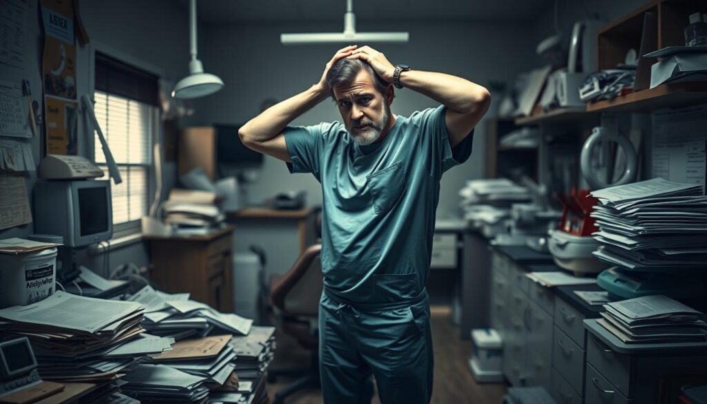 A cluttered, disorganized dental office with outdated equipment, piles of paperwork, and a frustrated dentist. Uneven lighting casts ominous shadows, creating a sense of disarray. The dentist, dressed in scrubs, stands amidst the chaos, hands on their head, exuding a look of exasperation. The background is blurred, drawing the viewer's attention to the central scene, capturing the common pitfalls of poor marketing strategies in the dental industry.