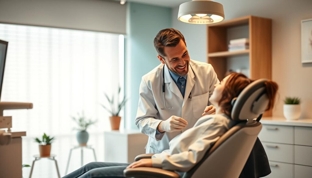A comfortable, calming dental office interior with a warm, compassionate dentist tending to a patient. The dentist leans in with a gentle, reassuring expression, making eye contact to build trust. Soft, indirect lighting casts a soothing glow, while a supportive dental assistant stands nearby, ready to provide care. The patient, relaxed and at ease, sits in a modern, ergonomic chair. Subtle nature-inspired decor, like potted plants and soft textiles, creates a welcoming atmosphere. The scene conveys a patient-centered, empathetic approach to dental care.