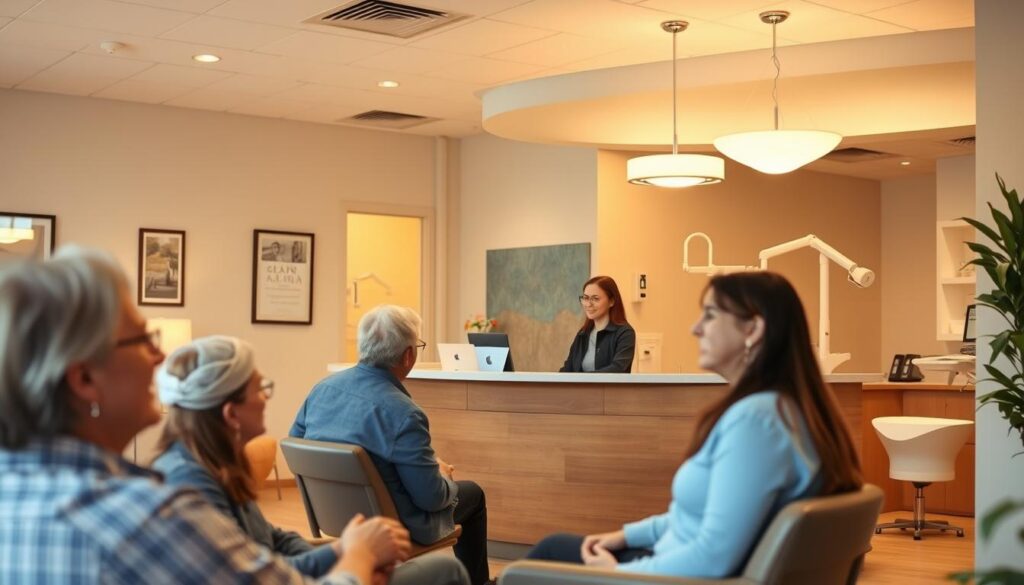 A comfortable dental clinic interior, warm lighting illuminating the waiting area. In the foreground, patients engaged in pleasant conversation, building rapport with the staff. The middle ground features a receptionist desk where a friendly assistant guides patients through the check-in process. In the background, exam rooms with modern equipment convey a sense of professionalism and quality care. An atmosphere of trust and patient-centric service permeates the scene, reflecting the clinic's commitment to building long-term relationships with its clientele.