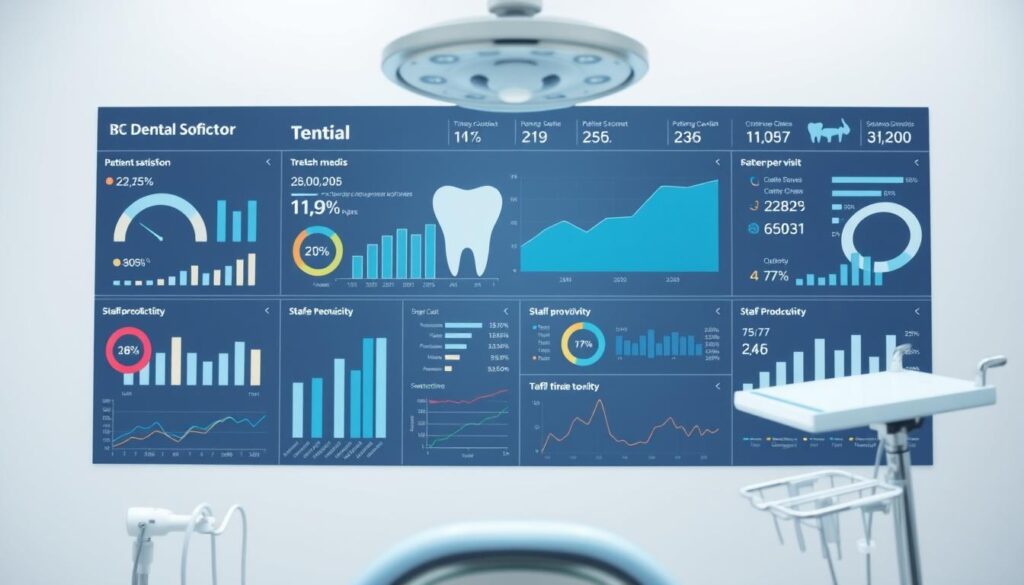 A comprehensive dashboard displaying key performance indicators for a dental clinic, showcased against a clean, minimalist backdrop. The foreground features a sleek, high-resolution infographic with charts, graphs, and numerical data tracking various metrics such as patient satisfaction, treatment completion rates, revenue per visit, and staff productivity. The middle ground depicts state-of-the-art dental equipment and tools, subtly hinting at the clinical expertise powering these insights. The background is a soft, muted gradient, allowing the data visualizations to take center stage and convey a sense of professionalism and optimization. Captured with a sharp, close-up angle using a high-end mirrorless camera, the image radiates a clinical yet approachable atmosphere, perfectly suited to illustrate the "Indicadores de desempenho para acompanhar" section of the article.