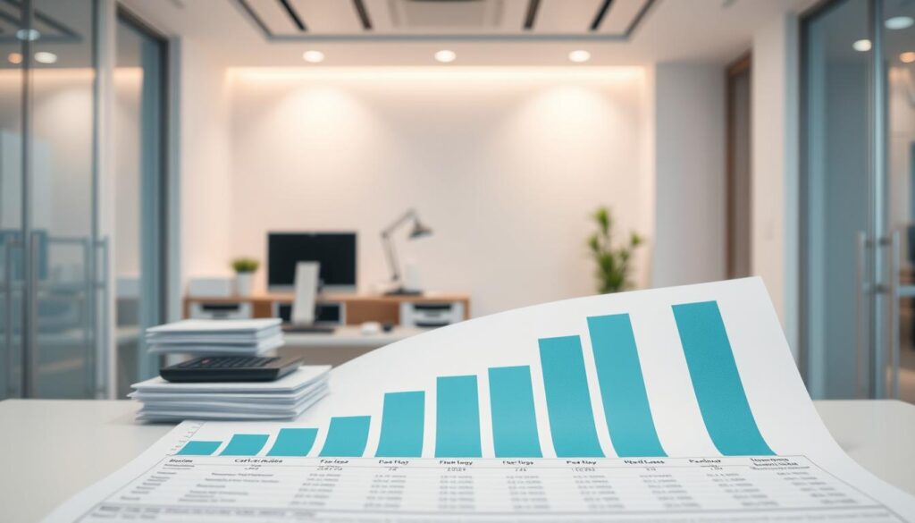 A comprehensive financial statement displaying the cash flow of a modern dental clinic. In the foreground, a detailed chart showcases the inflow and outflow of funds, with clear delineation of revenue sources, operating expenses, and net profit. The middle ground features a well-organized desk with a computer, calculator, and neatly stacked documents, conveying the meticulous record-keeping and data analysis required for effective financial management. The background depicts the interior of a sleek, contemporary dental office, with clean lines, neutral tones, and subtle lighting that creates a professional, calming atmosphere. The overall scene conveys the importance of data-driven decision-making and financial discipline in maintaining a thriving and lucrative dental practice.