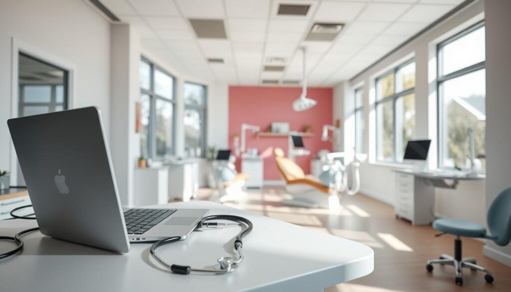 A contemporary dental clinic's interior, flooded with natural light through large windows. In the foreground, a dentist's desk showcases a laptop, stethoscope, and various dental tools, conveying a professional, yet welcoming atmosphere. The middle ground features comfortable patient chairs and dental equipment, exuding a sense of care and attention to detail. The background depicts vibrant, soothing wall colors and modern, minimalist decor, creating a calming environment. The lighting is soft and diffused, highlighting the clinic's cleanliness and attention to patient comfort. The overall scene reflects a balance of medical professionalism and a patient-centric approach.