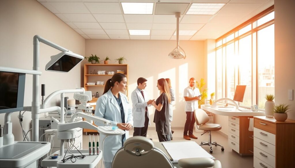 A contemporary dental office, flooded with warm, natural lighting streaming through large windows. In the foreground, an array of dental equipment and tools, meticulously organized, conveying a sense of professionalism and efficiency. In the middle ground, a team of dentists and staff members collaborating, their expressions focused and engaged, highlighting the benefits of effective dental practice management. The background features a soothing, neutral color palette, creating a calming and welcoming atmosphere for patients. The overall scene radiates a harmonious balance between technology, expertise, and patient-centric care, capturing the essence of the advantages of strategic dental practice management.
