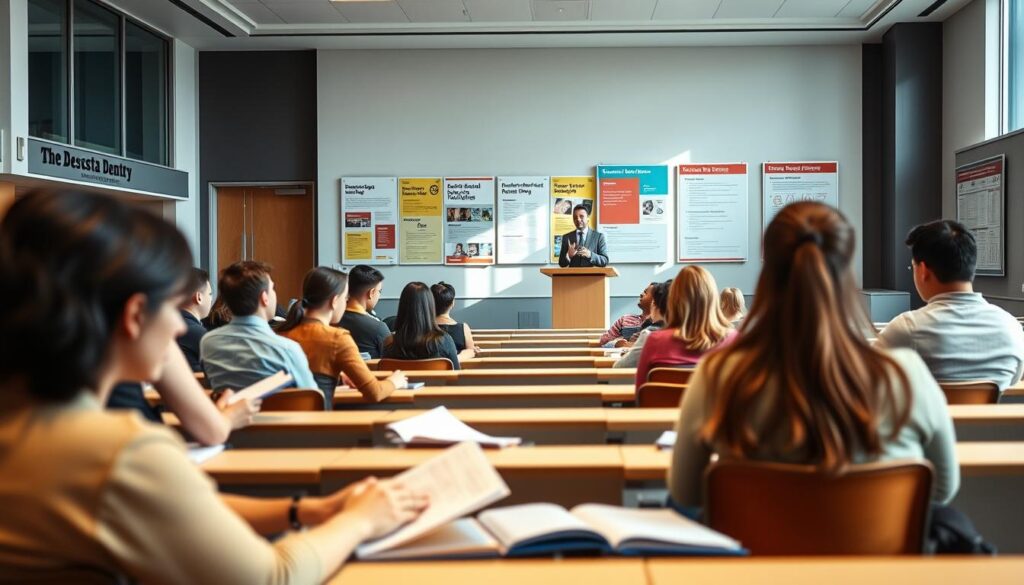 A contemporary university lecture hall with rows of seats and desks, illuminated by soft, natural lighting streaming through large windows. In the foreground, several students engrossed in course materials, their expressions contemplative. The middle ground features a professor standing at a podium, gesturing as they deliver a presentation on dental education evaluation. The background showcases vibrant, colorful posters and informational displays about various dental programs, creating an atmosphere of academic rigor and informed decision-making. The scene conveys a sense of serious contemplation, with a subtle air of professionalism and educational excellence.