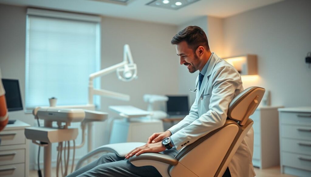 A cozy and inviting dental clinic interior, with a friendly and attentive dentist providing personalized care to a patient in a comfortable examination chair. Soft, warm lighting illuminates the modern, clean space, creating a calming atmosphere. The dentist leans in, making eye contact and listening intently, their body language conveying empathy and a genuine concern for the patient's well-being. In the background, state-of-the-art dental equipment and soothing decor elements suggest a focus on quality, personalized service. The scene captures the essence of a dental practice that prioritizes patient comfort and a tailored, attentive approach to healthcare.