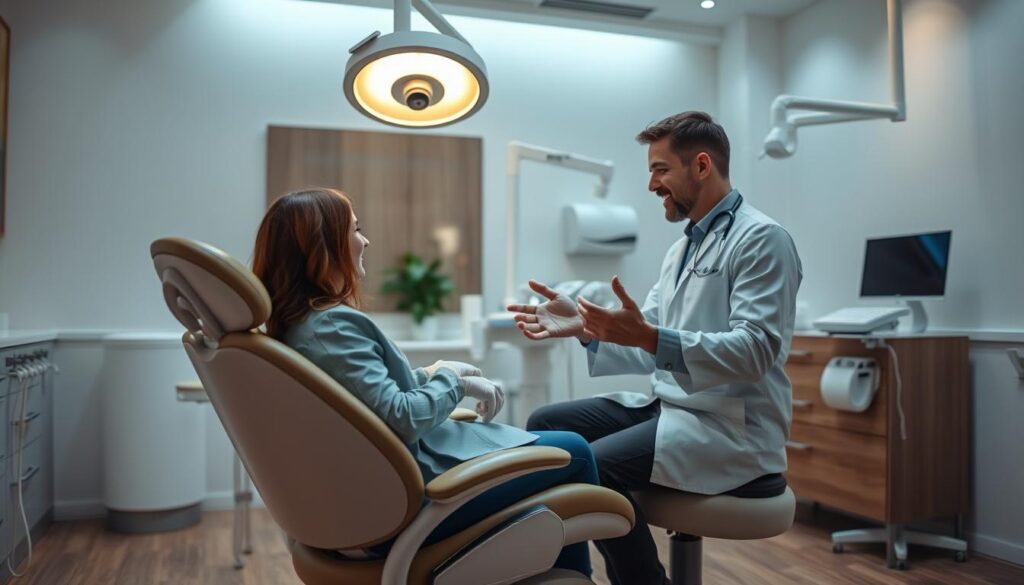 A cozy and inviting dental clinic interior, with a patient sitting comfortably in an ergonomic chair, surrounded by a calming, modern design. Soft, diffused lighting casts a warm glow, creating a soothing atmosphere. In the middle ground, a friendly dentist engages the patient, explaining a procedure while gesturing with a professional, yet approachable manner. The background features clean, minimalist decor and sleek, state-of-the-art equipment, conveying a sense of technological competence and patient-centric care. An atmosphere of trust, comfort, and attentive service permeates the scene, reflecting the positive patient experience.