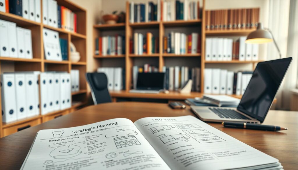 A cozy and professional dental office setting featuring strategic planning materials. In the foreground, an open notebook with handwritten notes and diagrams related to dental practice management. The middle ground shows a desk with a laptop, calendar, and other business organization tools. In the background, bookshelves filled with medical and management reference books create a sense of expertise and preparedness. The lighting is soft and warm, creating a calming, focused atmosphere conducive to strategic thinking. The composition suggests a thoughtful, systematic approach to dental practice operations and growth.