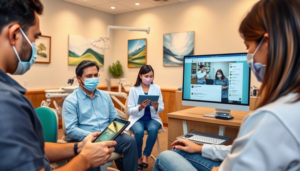 A cozy dental clinic reception area, with patients and staff interacting on various social media platforms. In the foreground, a dentist and patient discussing treatments on a sleek tablet, while in the middle ground, a team member answers questions on the clinic's social media page through a modern desktop computer. The background showcases a vibrant, well-lit space with dental equipment and calming artwork, creating an inviting atmosphere that encourages digital engagement. The scene is captured with a warm, natural lighting effect, emphasizing the clinic's approachable and patient-centric focus on social media interactions.