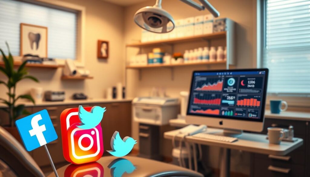 A cozy dental office, bathed in warm, soft lighting. In the foreground, a stylized social media icons - Facebook, Instagram, Twitter - arranged in an artful composition, reflecting the power of digital marketing for dentists. In the middle ground, a desktop computer displaying various analytics and engagement metrics, highlighting the data-driven nature of modern dental marketing. In the background, shelves filled with dental supplies and equipment, hinting at the professional expertise that underpins the digital strategy. The overall atmosphere conveys a sense of balance between the traditional dental practice and the modern digital landscape, creating a compelling visual representation of the role of social media in dental marketing.