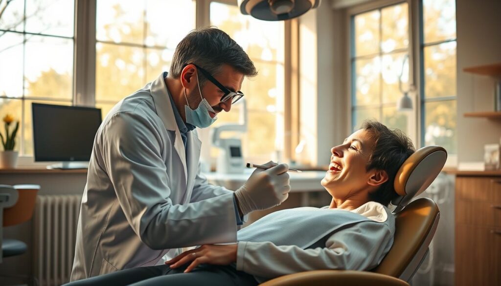 A cozy dental office with warm lighting filtering through large windows, showcasing a dentist attentively examining a patient's teeth. The dentist, clad in a pristine white coat, leans in with a gentle, reassuring expression, their skilled hands wielding state-of-the-art tools. The patient, relaxed and at ease, sits comfortably in the reclining chair as the dentist explains the treatment plan. The office exudes a sense of professionalism and care, creating a welcoming atmosphere that puts the patient's needs at the forefront.