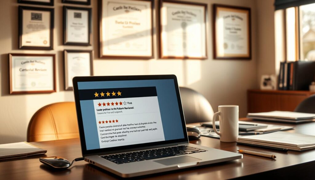 A cozy office setting, with a desk displaying a laptop and various office supplies. On the laptop screen, a series of online patient reviews are displayed, each with a star rating and brief testimonial. The wall behind the desk features framed certificates and diplomas, conveying the professional expertise of the dental practice. Warm, natural lighting filters in through a nearby window, creating a welcoming and trustworthy atmosphere. The overall scene emphasizes the importance of online patient feedback in the decision-making process for potential clients seeking dental care.