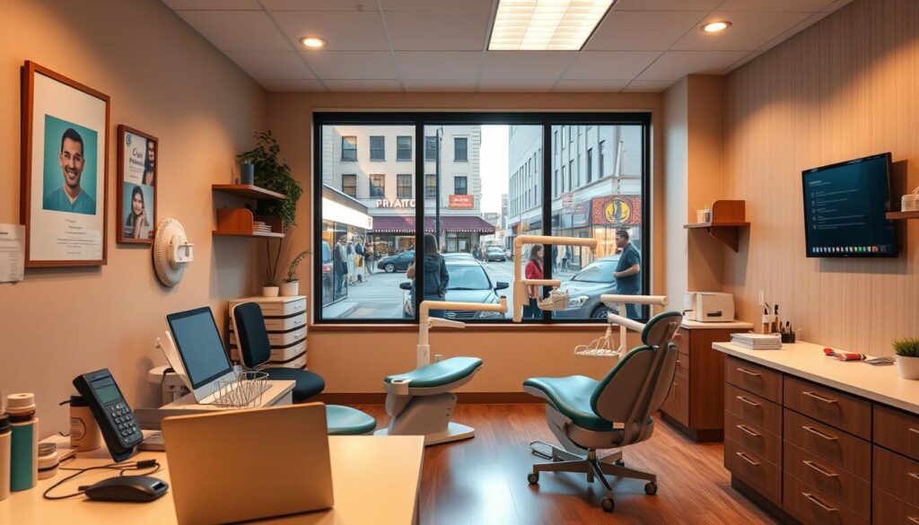 A cozy, professional dental office, with a cheerful atmosphere. In the foreground, a dentist's desk with a laptop, phone, and other office supplies, all neatly arranged. In the middle ground, several dental chairs and equipment, suggesting the clinical side of the practice. In the background, a large window overlooking a bustling city street, with people passing by, indicating the connection to the outside world and social networks. The lighting is warm and inviting, creating a welcoming ambiance. The color palette is a harmonious blend of natural tones, with pops of blue and green, reflecting the modern and tech-savvy nature of the dental practice's social media presence.
