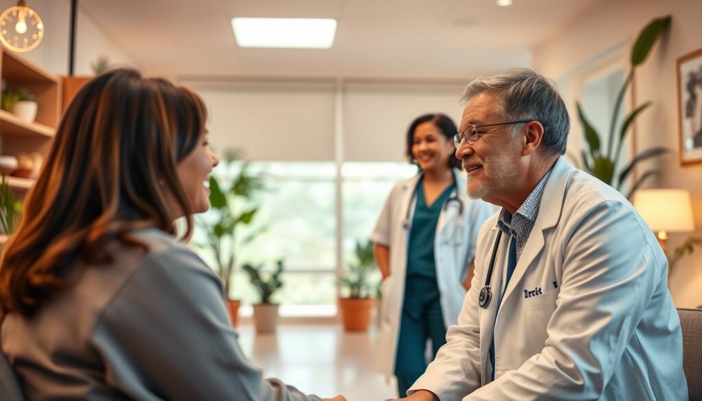 A cozy, warmly lit clinic interior with a compassionate doctor consulting with a patient. In the foreground, the doctor leans in attentively, making eye contact and listening intently. The patient's expression is one of trust and comfort. In the middle ground, a nurse discreetly assists, while the background features soothing decor, potted plants, and soft lighting that creates an atmosphere of care and understanding. The scene conveys a sense of empathy, professionalism, and a patient-centric approach to healthcare.