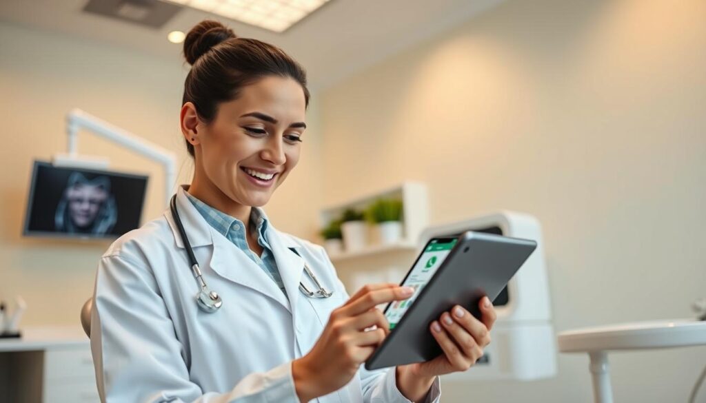 A cozy, well-lit dental clinic interior, with a professional-looking dentist using a WhatsApp Business app on a tablet to engage with patients. The dentist is dressed in a white lab coat, smiling warmly as they navigate the app's intuitive interface. In the background, modern dental equipment and soothing pastel-colored walls create a calming, trustworthy atmosphere. Soft lighting from overhead fixtures casts a subtle glow, highlighting the dentist's attentive expression and the sleek, user-friendly design of the WhatsApp Business app. The scene conveys the convenience and personalized care that a dental practice can offer through effective digital communication channels.