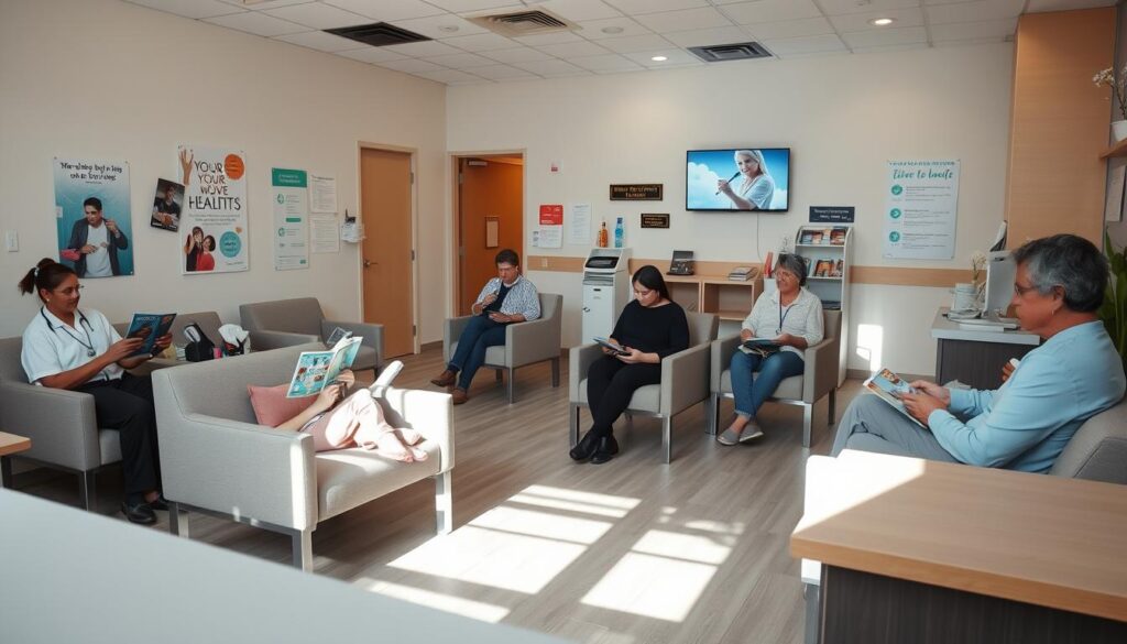 A cozy, well-lit medical clinic waiting room with comfortable chairs and a reception desk in the foreground. In the middle ground, patients are engaged in various activities - reading magazines, using their phones, or chatting with each other. The background features motivational posters, informative brochures, and a wall-mounted TV displaying health-related content. The overall atmosphere is warm, inviting, and designed to make patients feel at ease while they await their appointments. The lighting is soft and natural, creating a calming ambiance. The color palette is dominated by soothing neutral tones, with pops of color in the decor and furnishings.