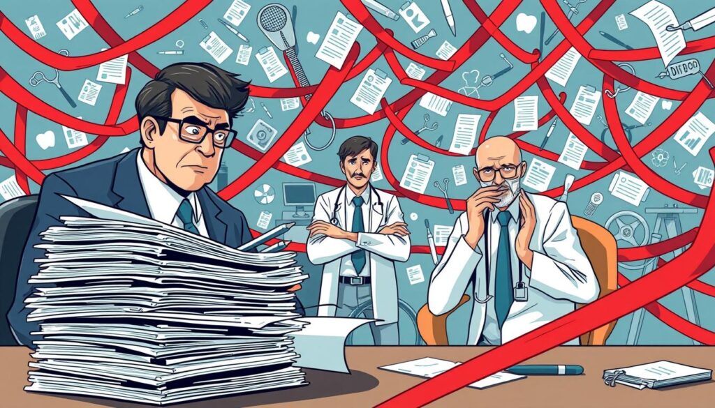 A crisp digital illustration depicting the rules and regulations imposed by the Accounting Office (CFO) on dental practices. The foreground features a stack of official-looking documents with a stern-looking bureaucrat examining them closely. The middle ground showcases a worried dentist, surrounded by various dental tools and equipment, nervously awaiting the CFO's verdict. In the background, a maze of red tape, paperwork, and bureaucratic symbols creates an atmosphere of overwhelming bureaucracy and rigid compliance. The overall tone conveys a sense of unease, restriction, and the challenges faced by dental professionals navigating the complex financial and regulatory landscape.