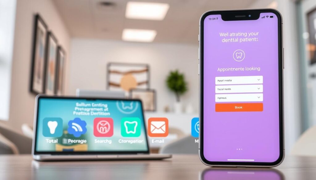 A crisp, modern digital marketing strategy for attracting new dental patients. A mobile-friendly website in the foreground, displaying a warm, inviting appointment booking interface. In the middle ground, vibrant icons representing various online marketing channels - social media, search engine optimization, email campaigns. In the background, a clean, professional office interior with tasteful decor, conveying trust and expertise. Soft, directional lighting accentuates the clean, contemporary aesthetic. A sense of ease and accessibility permeates the scene, inviting potential patients to engage with the practice's digital presence.