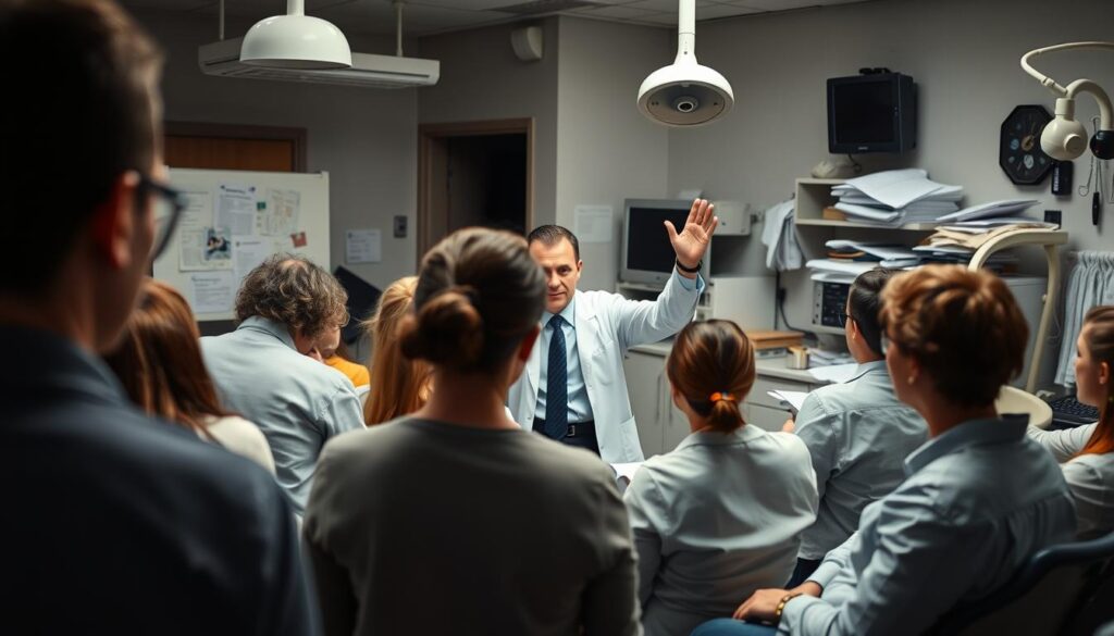 A crowded dental office, with patients waiting anxiously in the foreground. In the middle ground, a flustered dentist gestures frantically, surrounded by a jumble of paperwork and outdated technology. The background depicts a dreary, outdated decor, highlighting the disconnect between modern marketing demands and the clinic's outdated practices. Soft, muted lighting casts an air of frustration and missed opportunities. The scene conveys the common pitfalls of poor dental marketing: disorganized operations, lack of patient-centric focus, and an inability to adapt to evolving industry standards.